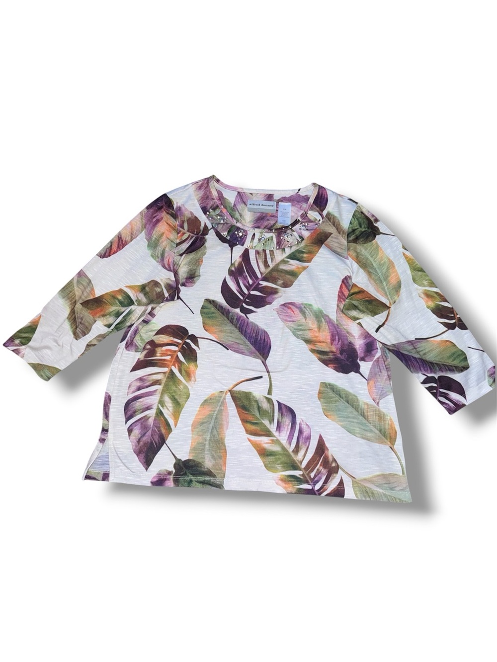 Alfred Dunner 3/4 sleeve top with tropical floral print and embellished neckline